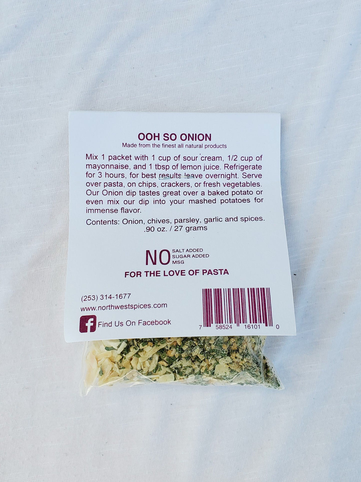 Ooh So Onion Seasoning by Northwest Spices contains, onion, chives, parsley, garlic and spices.