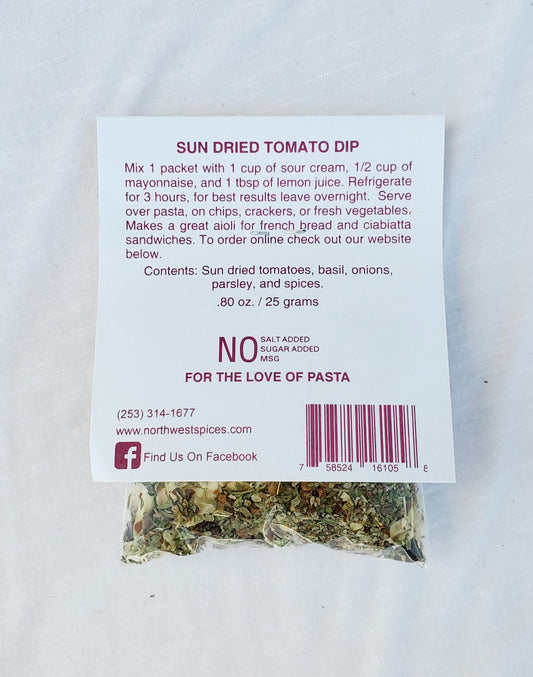 Sun Dried Tomato Dip Mix and Seasoning, contains, sun dried tomatoes, basil, onions, parsley and spices