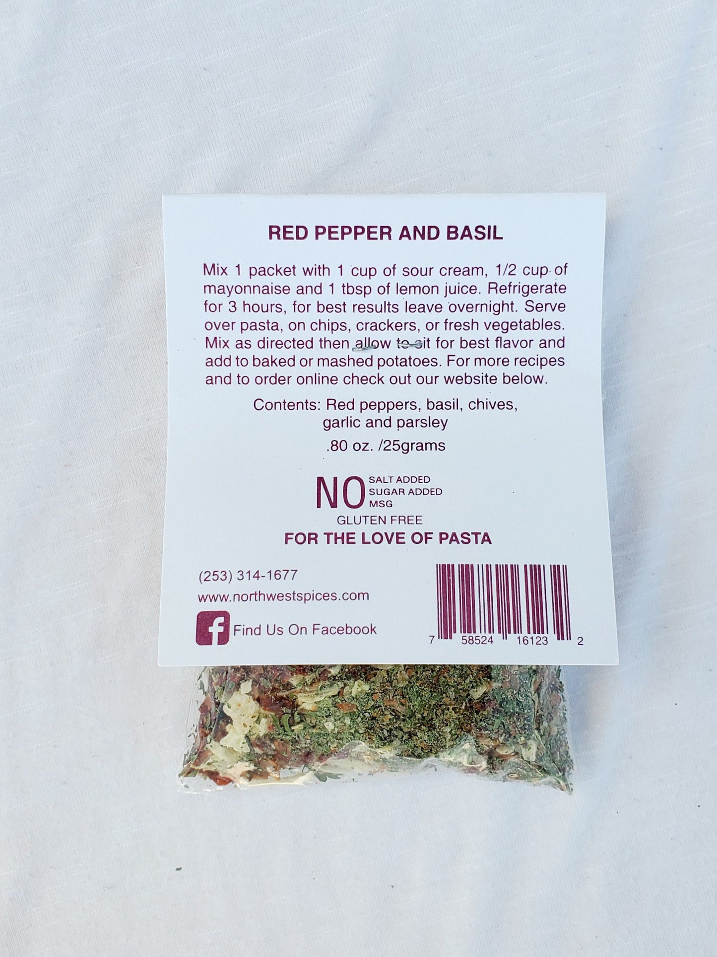 Red Pepper and Basil Dip Mix and Seasoning Blend by Northwest Spices. Contains, Red peppers, basil chives, garlic and parsley.