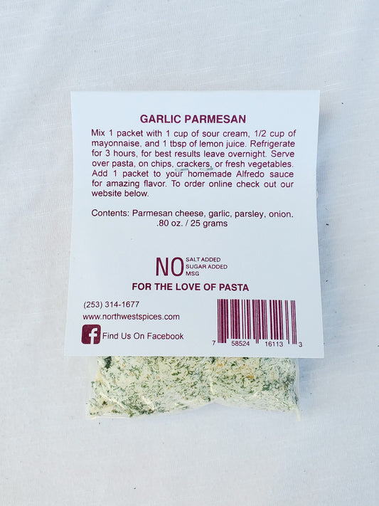 Garlic Parmesan Dip and Spice Blend. Contains, parmesan cheese, garlic, parsley, onion