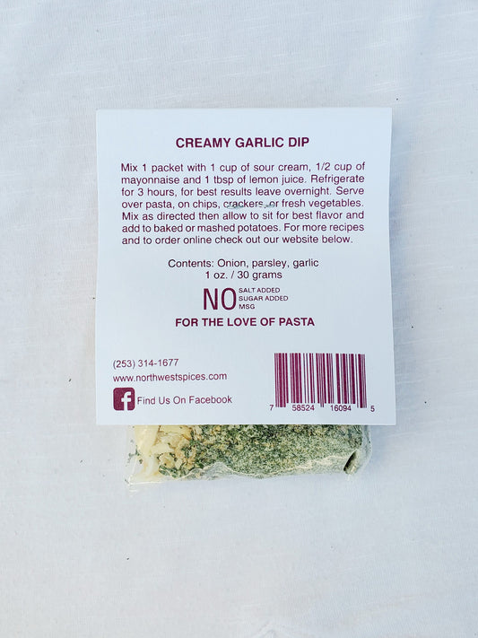 Creamy Garlic Dip and Seasoning Blend, contains, Onion, parsley, garlic. 10z, 30grams