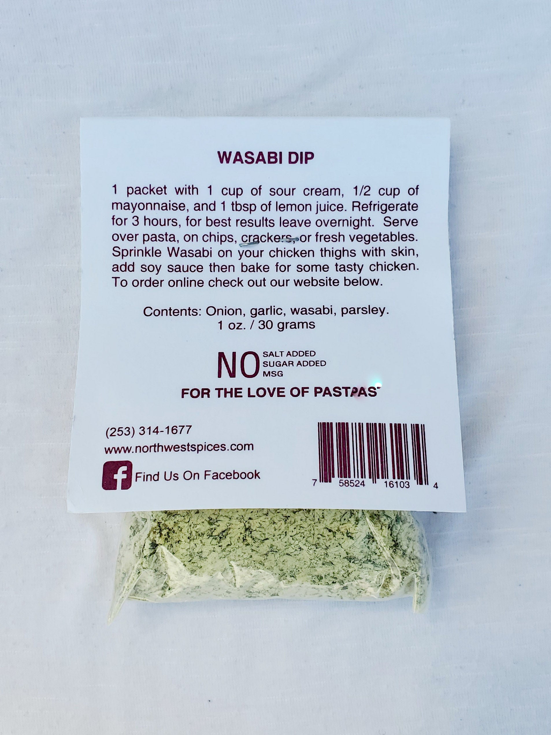 Wasabi Dip Mix by Northwest Spices contains, onion, garlic, wasabi powder and parsley