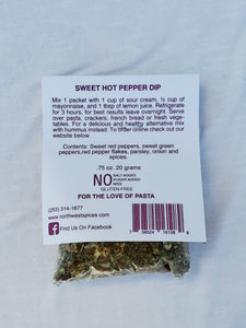 Sweet Hot Pepper Dip mix by Northwest Spices Contains, sweet red peppers, sweet green peppers, red pepper flakes, parsley, onion and spices