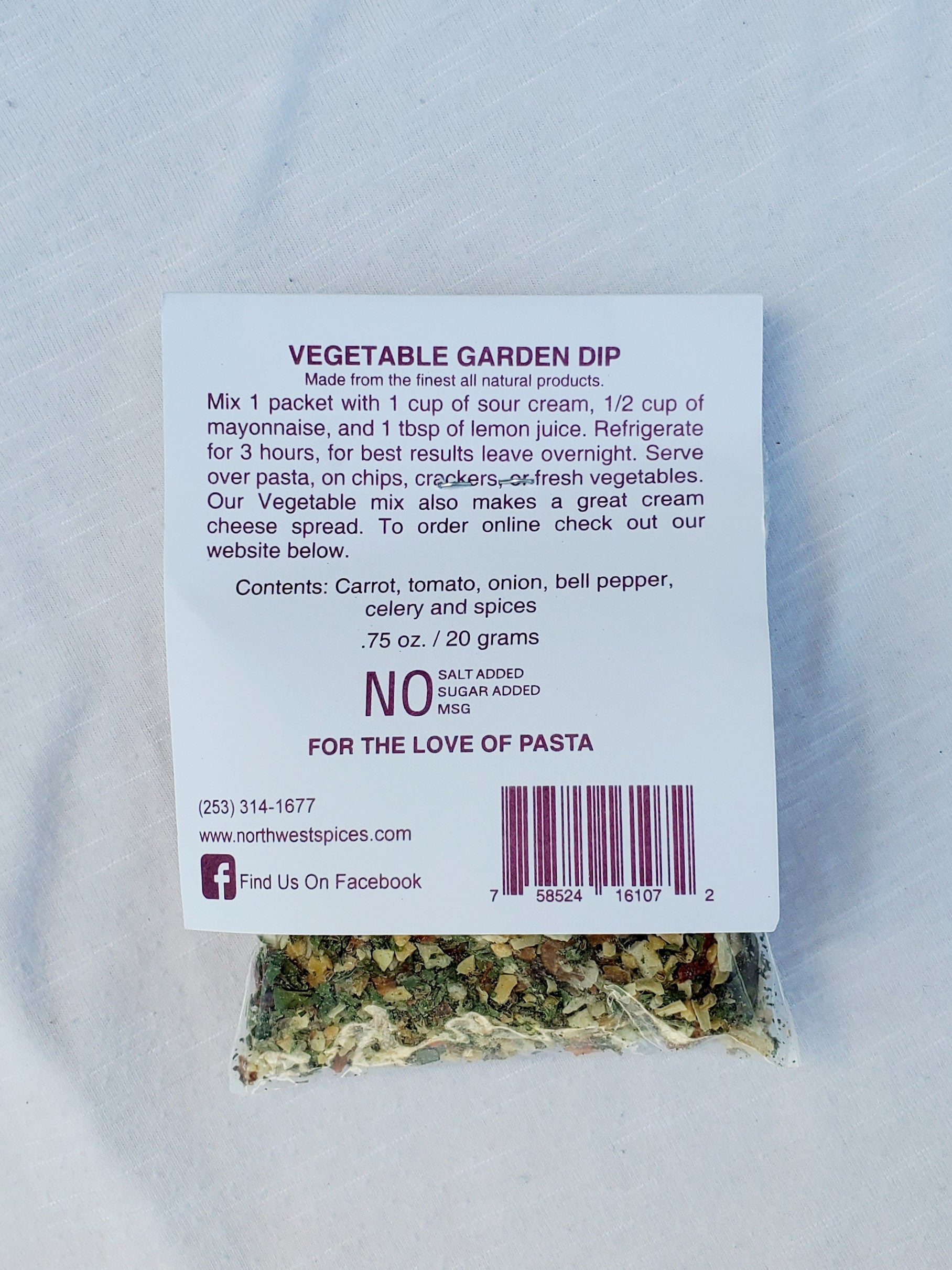 Vegetable Garden Dip Mix and spice blend contains, carrot, tomato, onion, bell peppers, celery and spices