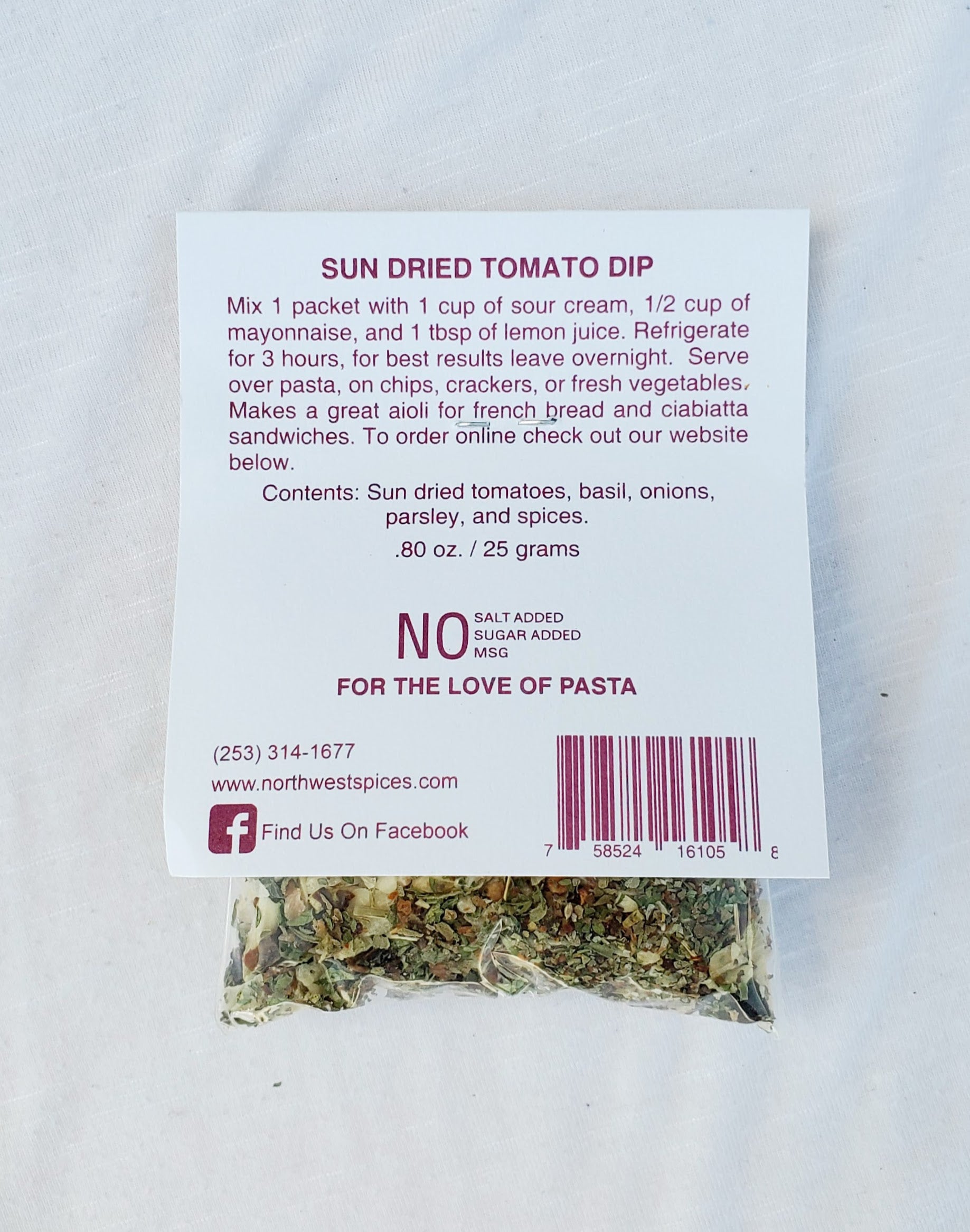 Sun Dried Tomato Dip Mix and Seasoning, contains, sun dried tomatoes, basil, onions, parsley and spices
