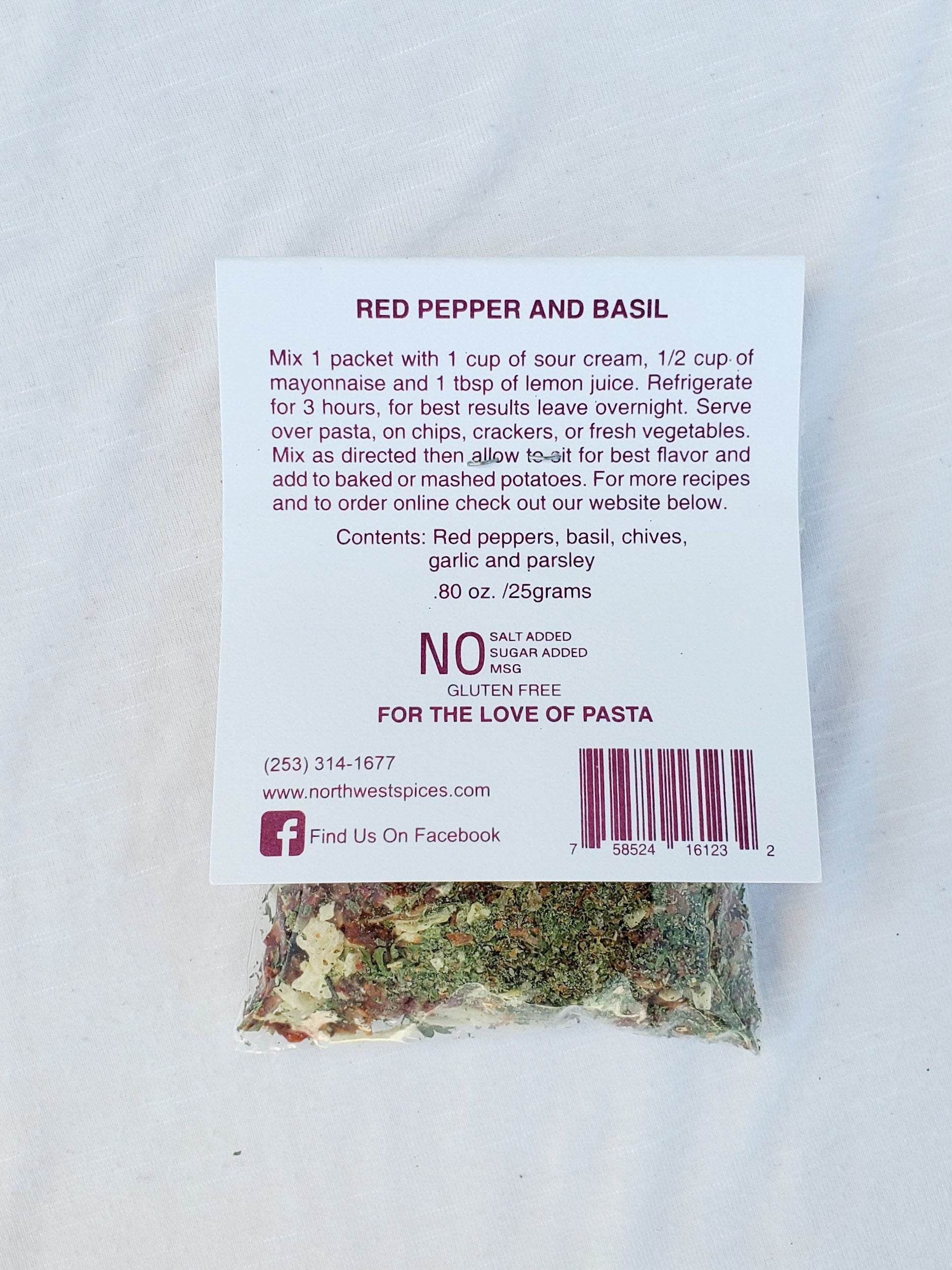 Red Pepper and Basil Dip Mix and Seasoning Blend by Northwest Spices. Contains, Red peppers, basil chives, garlic and parsley.