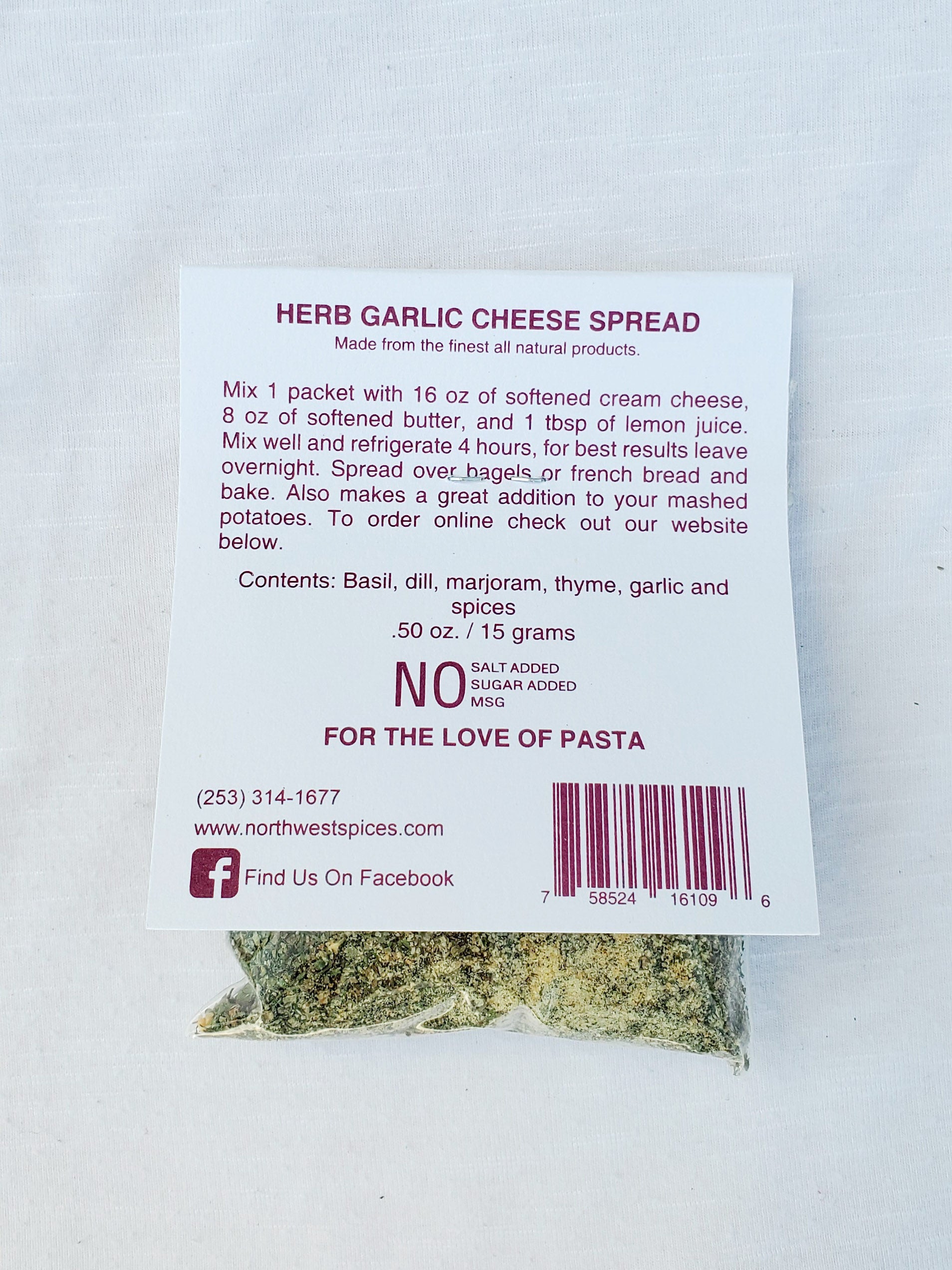 Herb Garlic Cheese Seasoning Blend by Northwest Spices contains, Basil , Dill, Marjoram, Thyme, Garlic and spices.