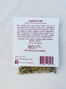 Chipotle Spice Blend and Dip Contains Onion, garlic, chipotle, green peppers, parsley, cilantro. .57oz, 20grams
