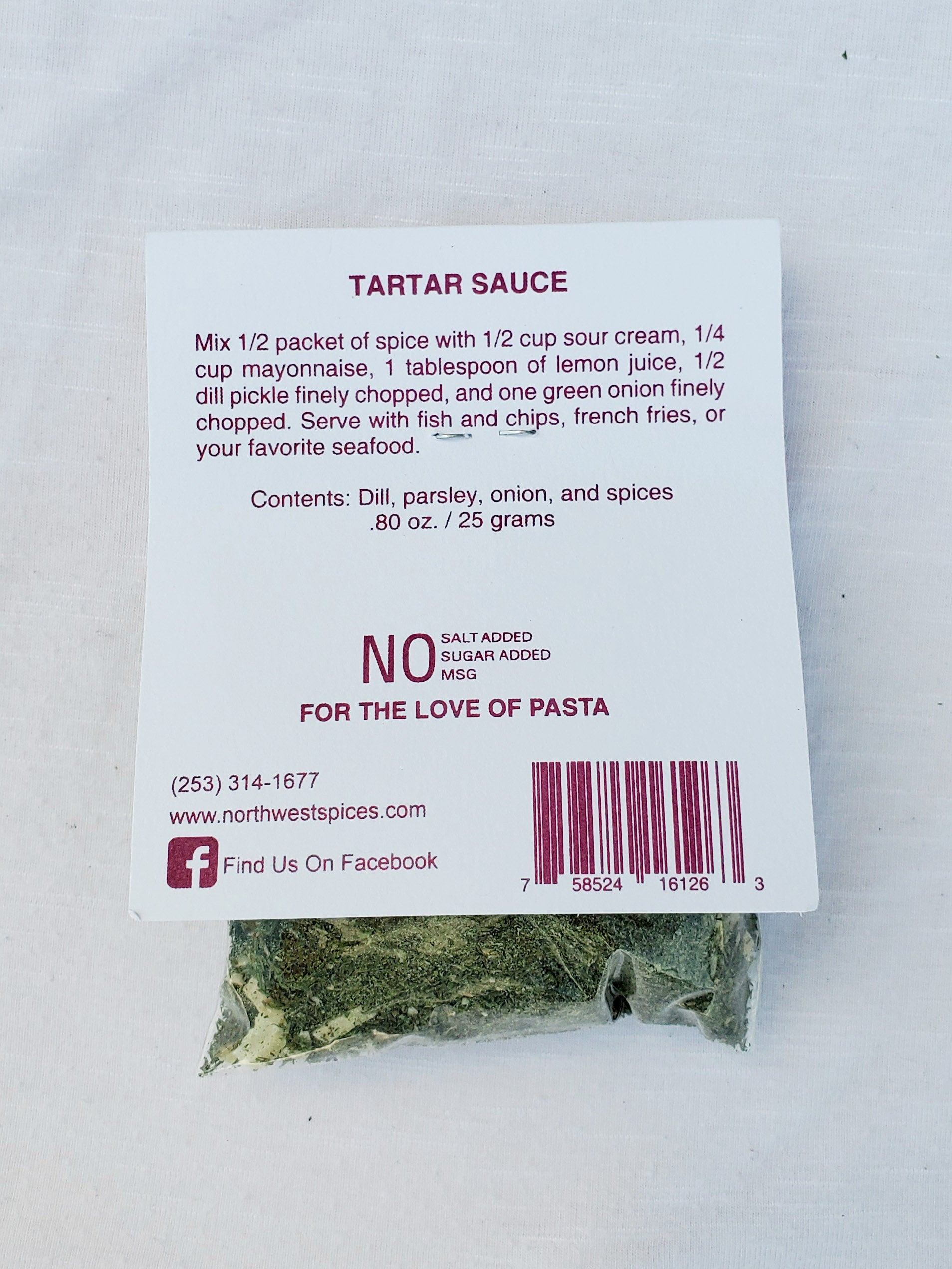 Tartar Sauce mix and seasoning by Northwest Spices contains, dill, parsley, onion and spices